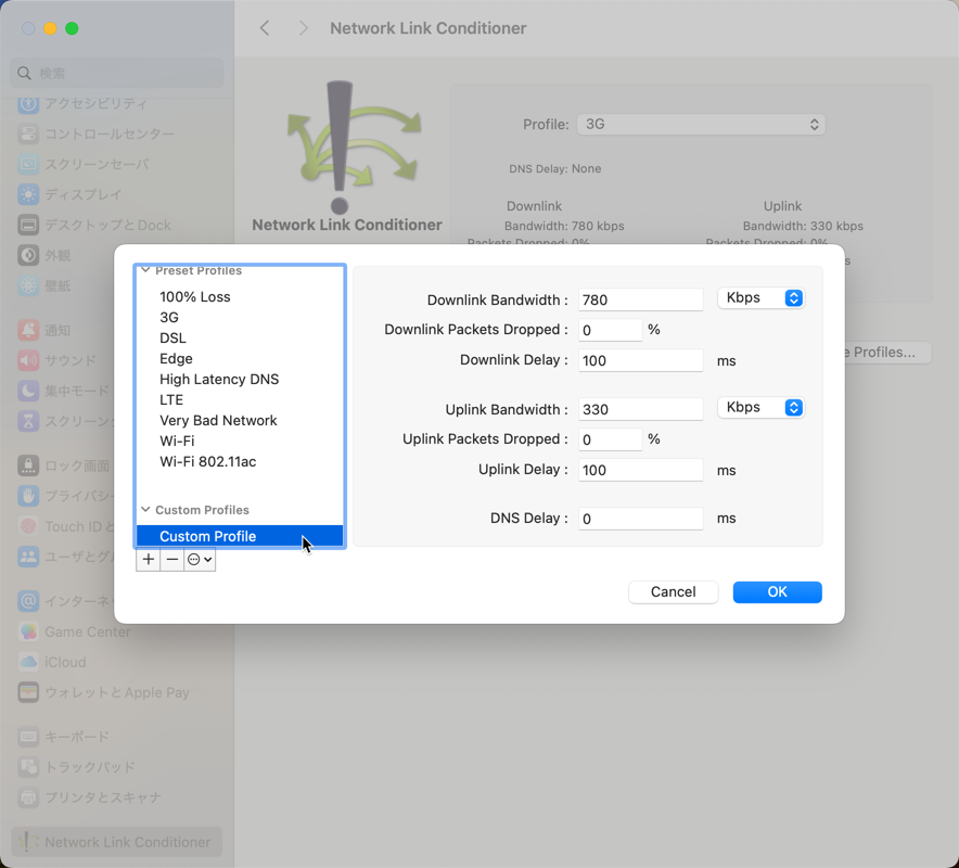 カスタムプロファイルの作成画面