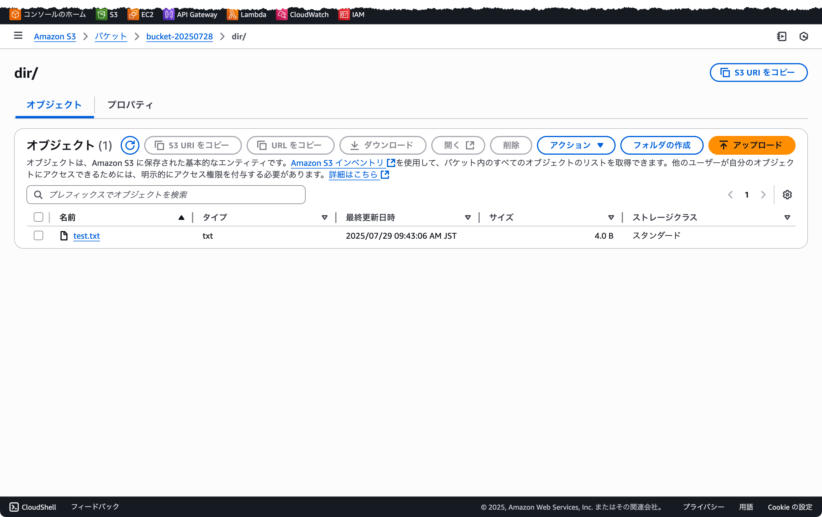 AWS S3 のWeb管理画面 - アップロードされたファイルの確認