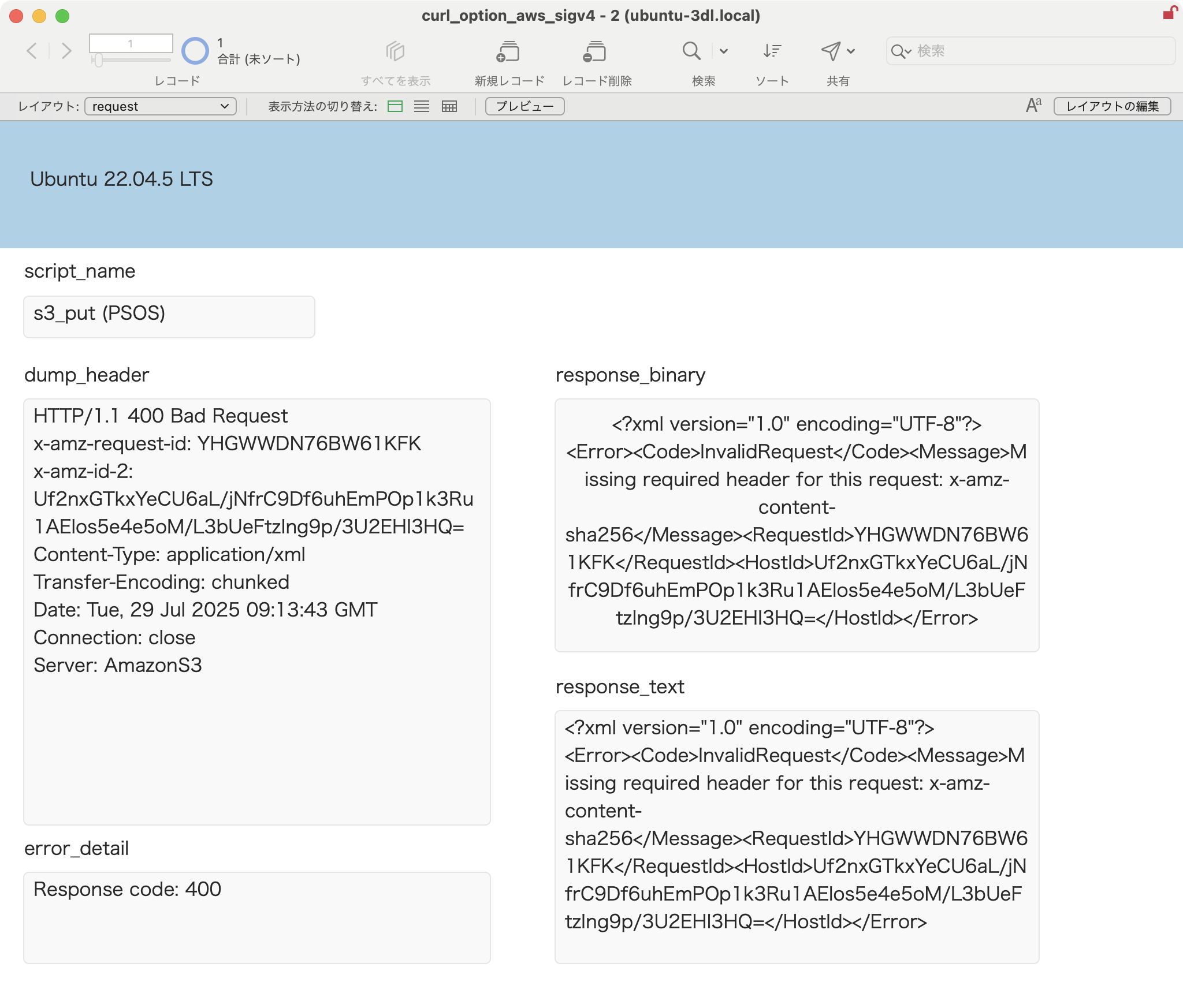 Ubuntu 22.04.5 LTSでのcurl --aws-sigv4エラー実行結果