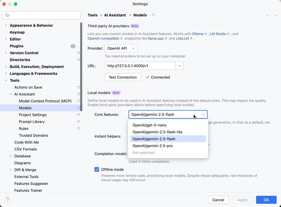 JetBrainsのAI Assistant設定画面で、config.yamlに定義したモデルが選択肢として表示されている様子