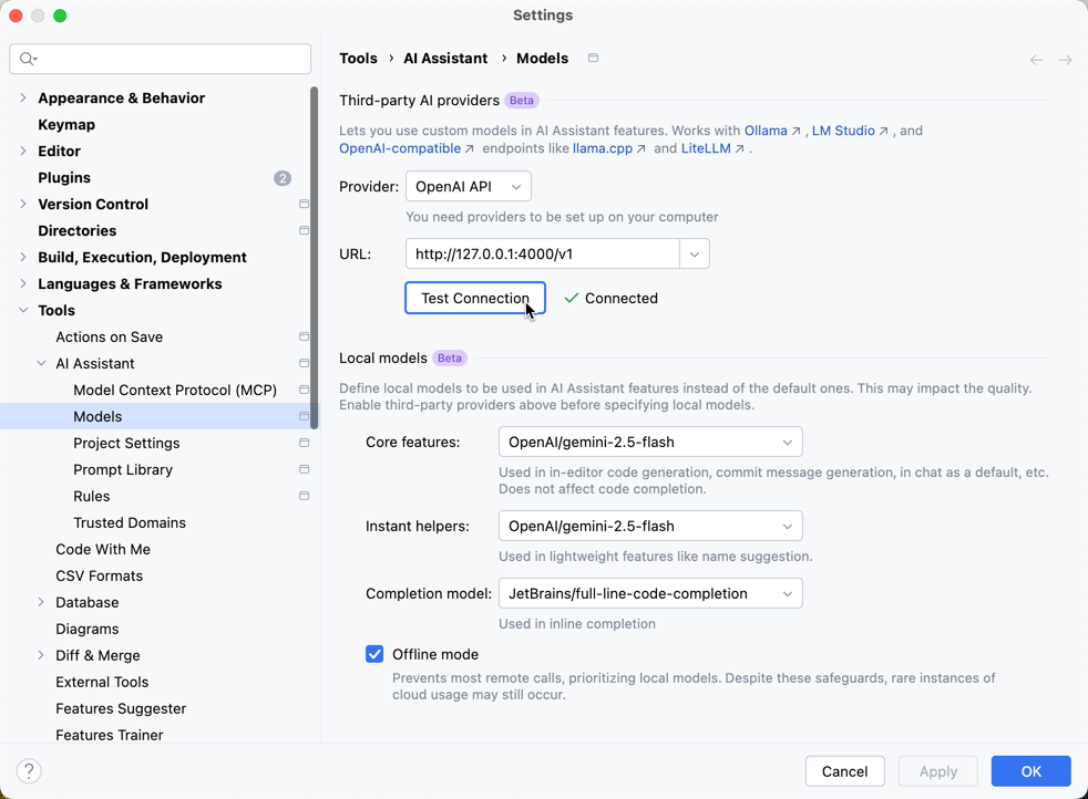 JetBrainsのAI Assistant設定画面でローカルモデルとの接続テストが成功した様子