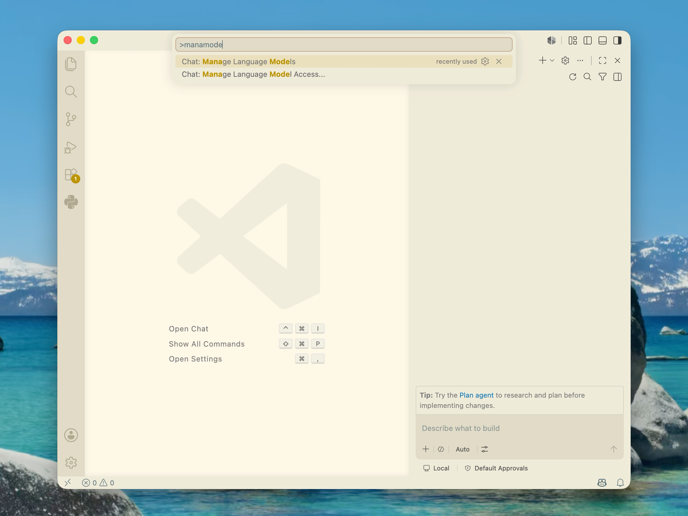 VS Codeのコマンドパレットで Chat: Manage Language Models を検索している画面