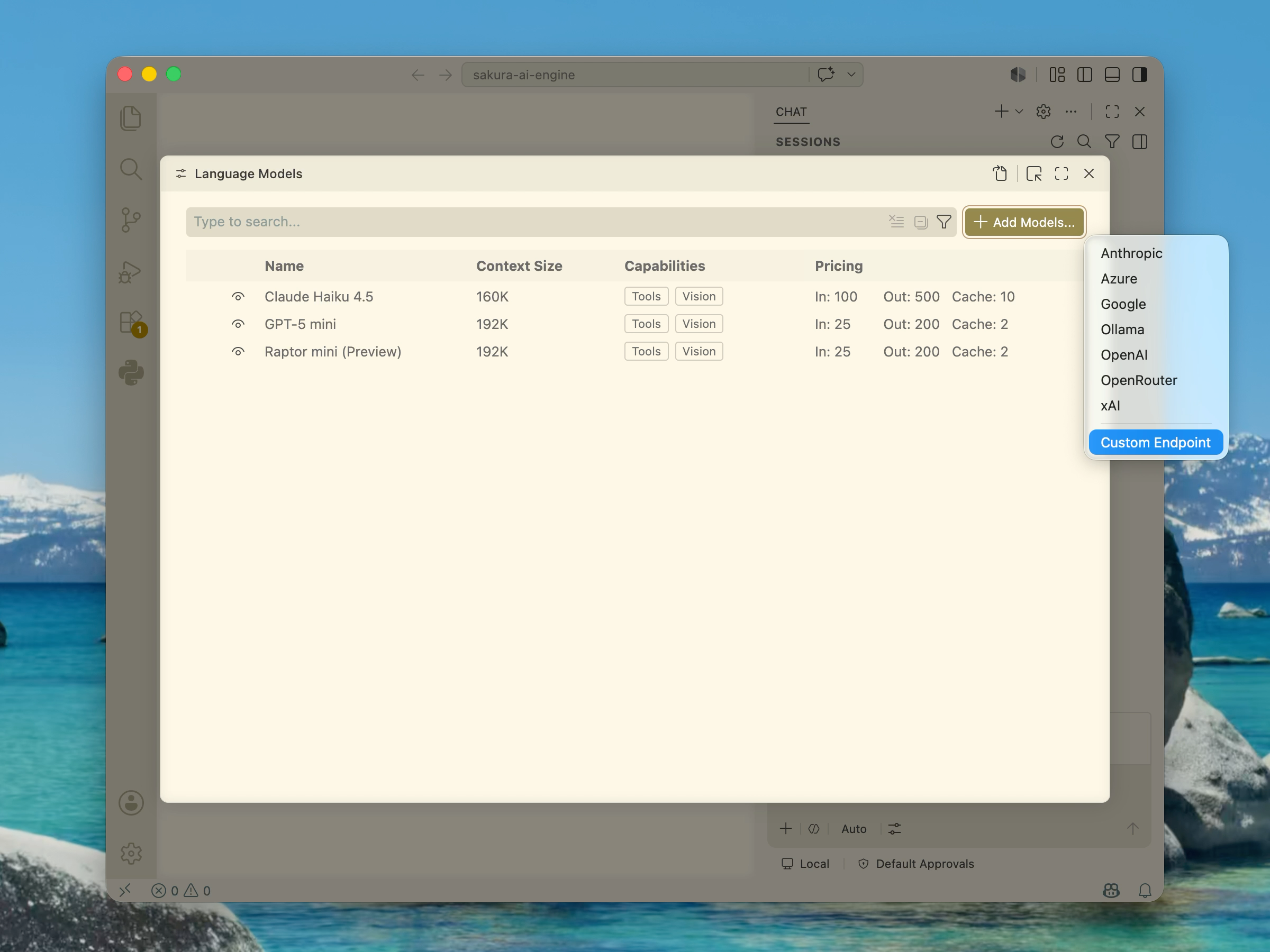 VS Codeの Language Models 画面で Add Models から Custom Endpoint を選択している画面